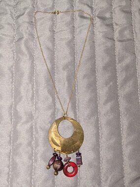 $1 with Bundle ~ Boho Gold Tone Etched Disc Pendant Necklace 6463